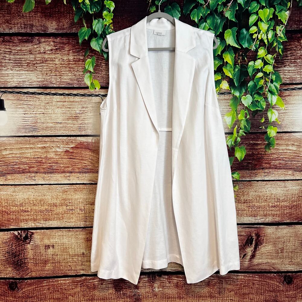 J Jill Open Front Long Vest XL Petite White Sleeveless Collar Sweater Linen Blnd